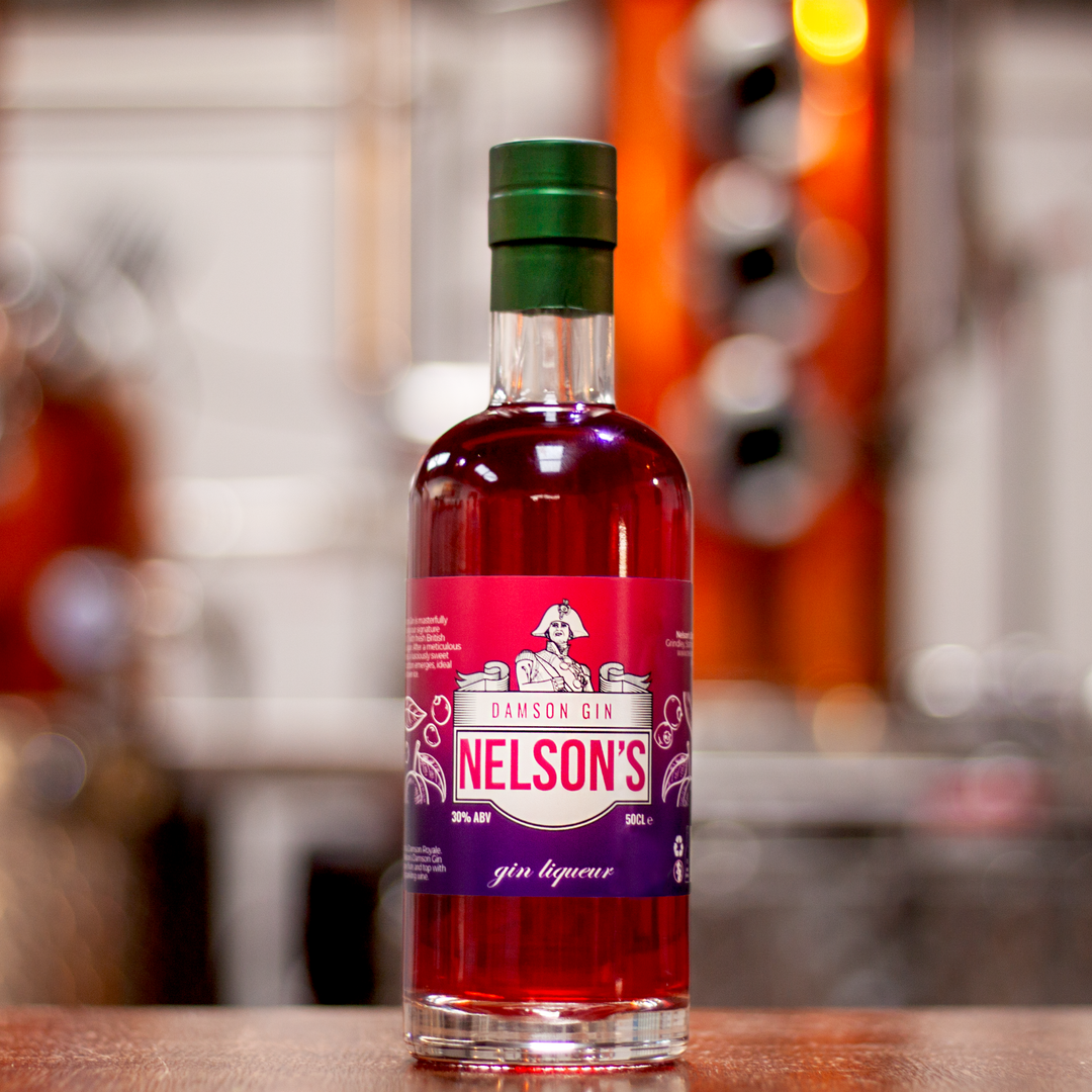 Nelson's Damson Gin Liqueur in front of Victory.