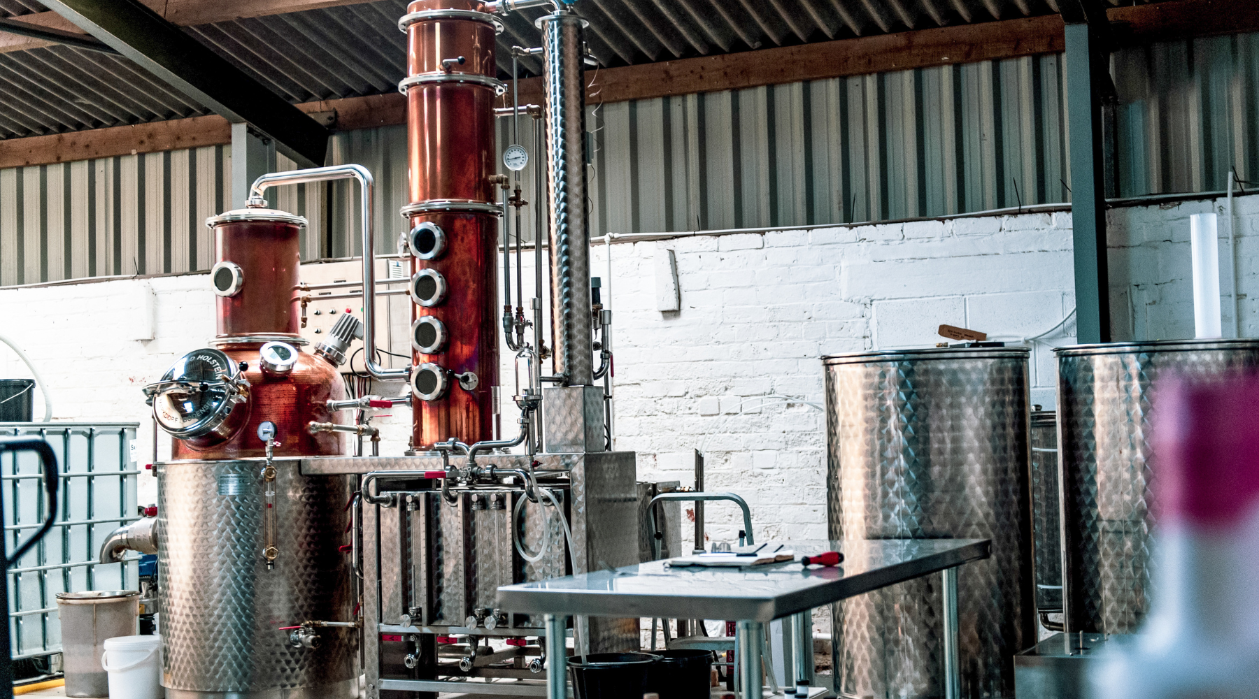 Side angle of Nelson's 150L copper still, Victory.