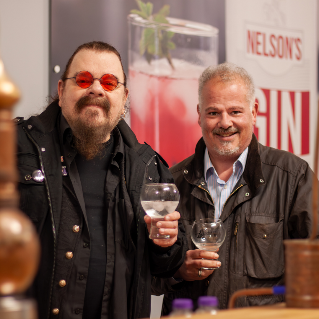 Roy Wood and Neil Harrison enjoying a glass of Cherry Blossom Supergin at Nelson's Gin, Vodka & Rum School.