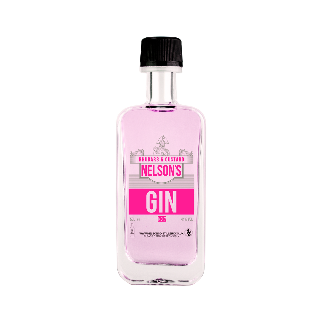 Nelson's 5cl glass Rhubarb & Custard Gin with clear background.