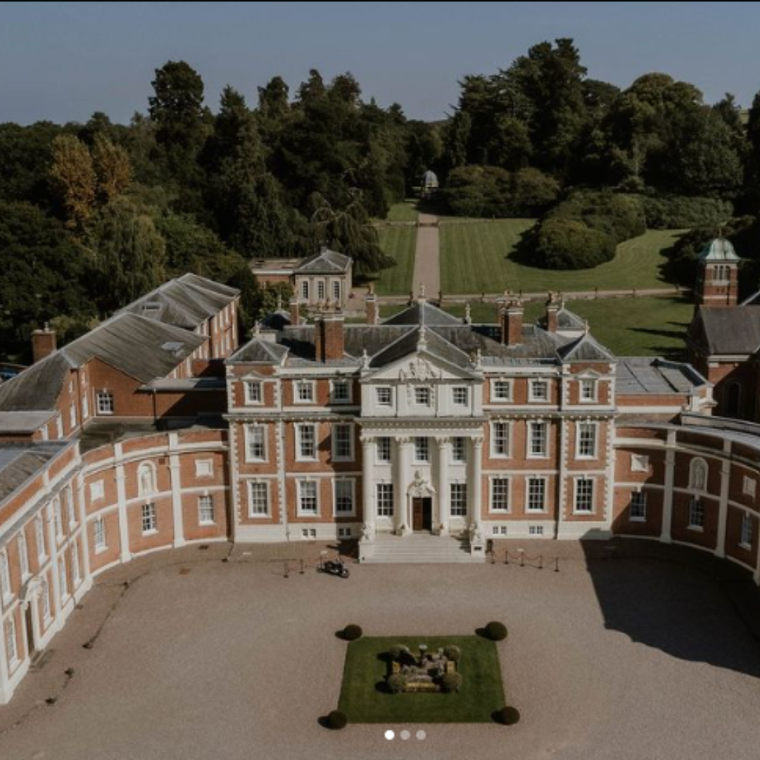 Aerial view of front of Hawkstone Hall.