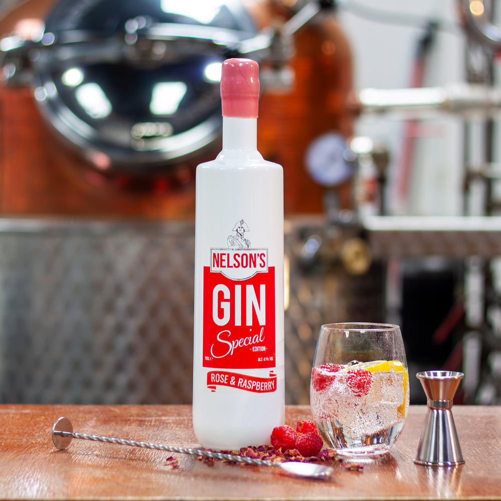 Nelson's Rose & Raspberry Gin with it's perfect serve on the right in front of blurred our still - Victory.
