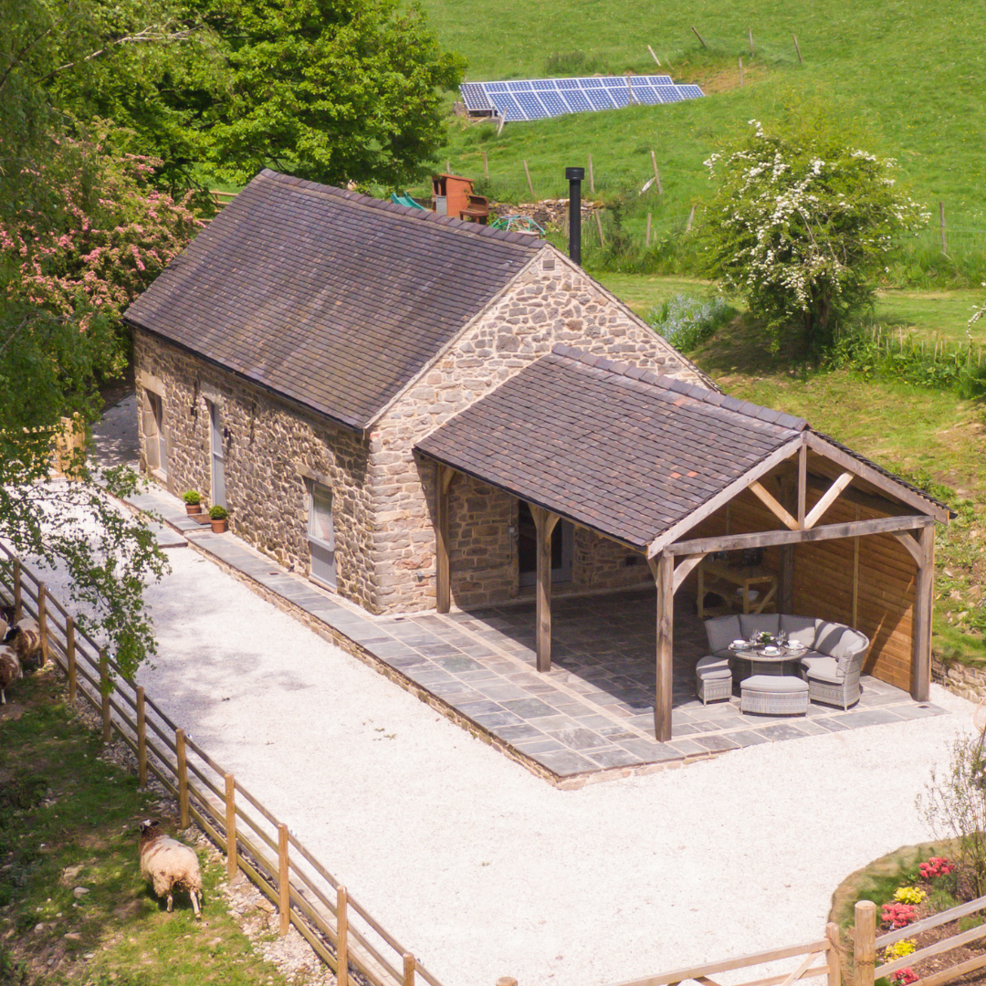 Front aerial view of The Old Cattle Barn.