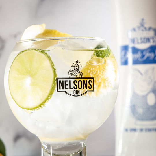 Gluggle Jug gin & tonic in Nelson's branded gin glass.