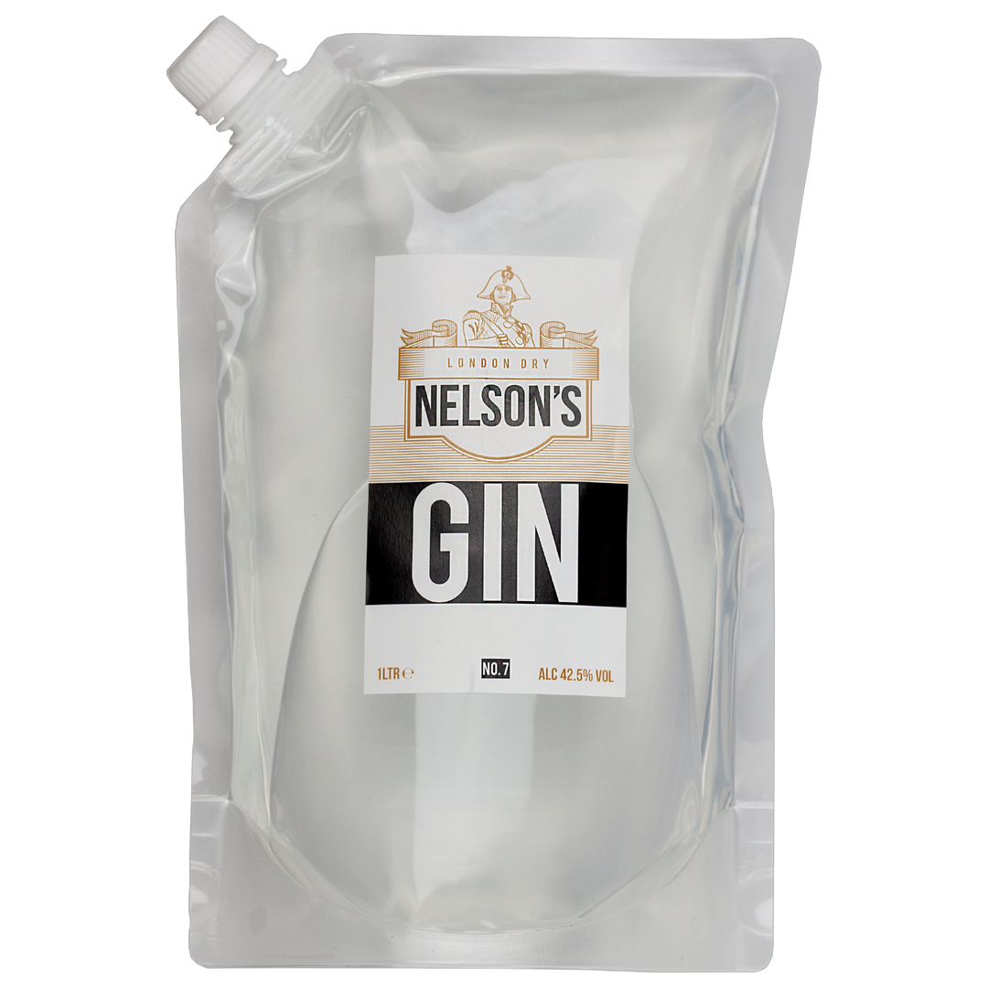 Nelson's 1L pouch London Dry No.7 Gin with clear background.
