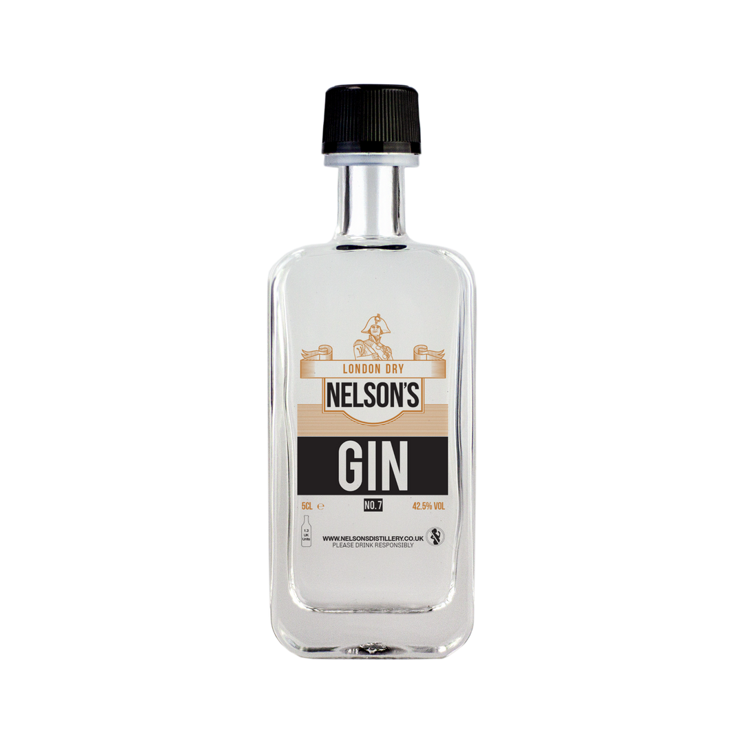 Nelson's 5cl glass London Dry No.7 Gin with clear background.