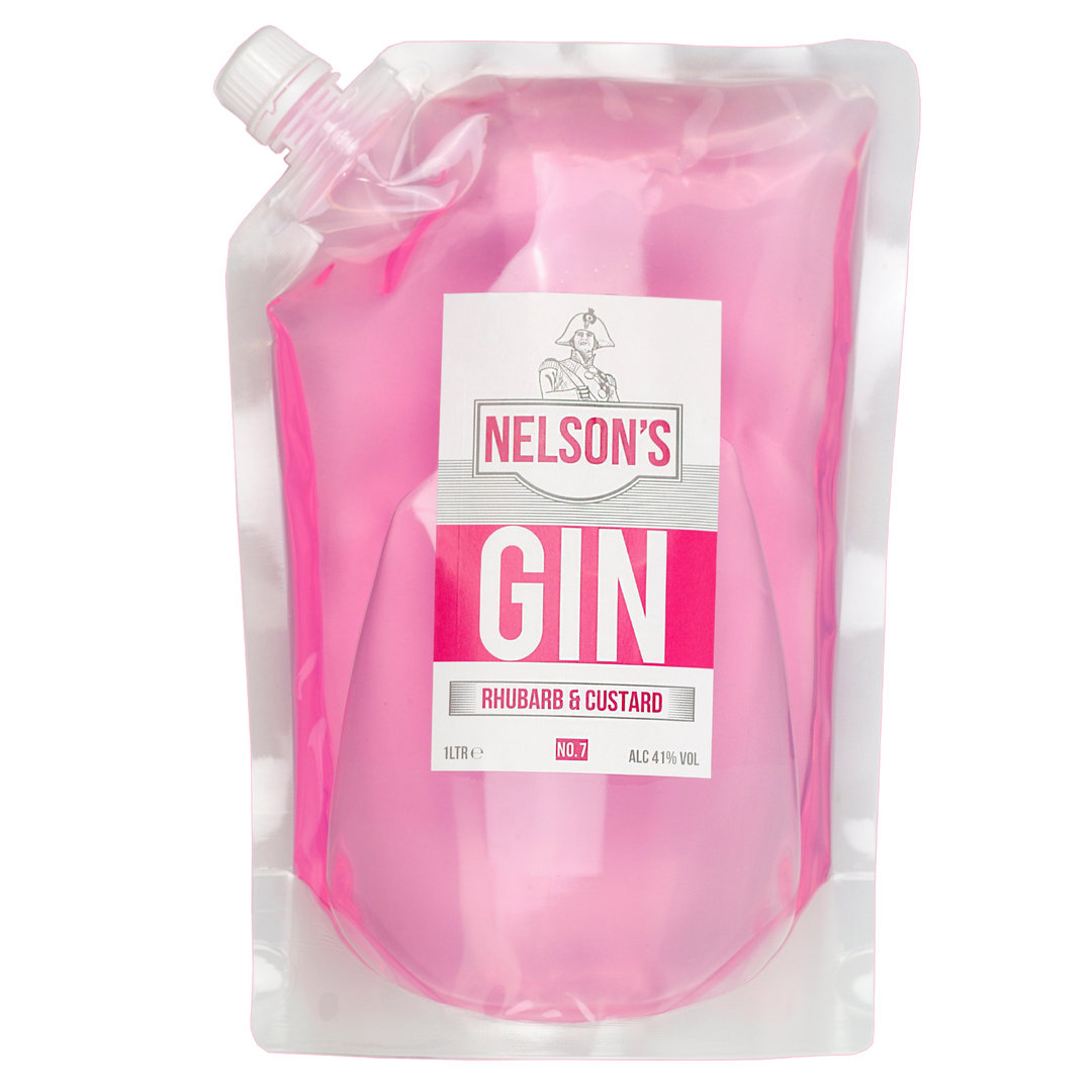 Nelson's 1L pouch Rhubarb & Custard Gin with clear background.