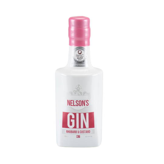 Nelson's 20cl ceramic Rhubarb & Custard Gin with clear background.