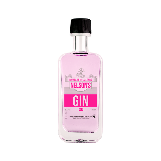 Nelson's 5cl glass Rhubarb & Custard Gin with clear background.